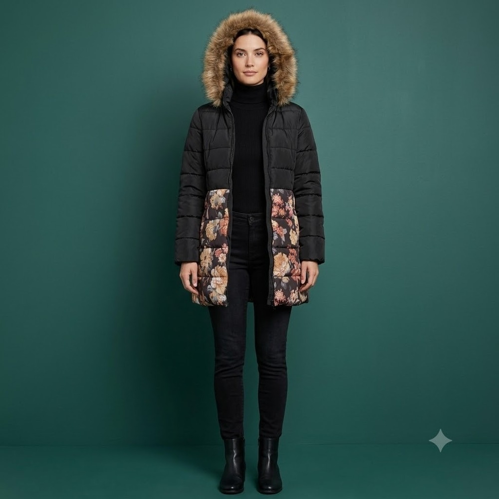 SS&CC Girls Puffer Coat Floral Faux Fur Hooded Belted Winter Size 160